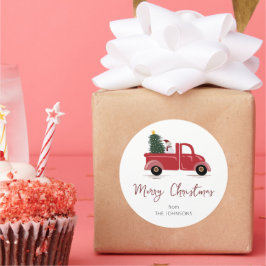 Familienaam Red Truck Snowman kerstboom Ronde Sticker