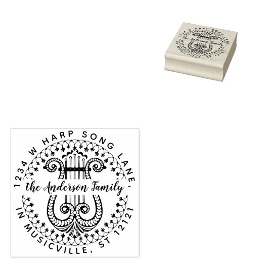 Familienaam Retouradres | Elegante  harp Rubberstempel (Gestempeld)