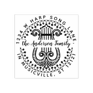 Familienaam Retouradres   Elegante  harp Rubberstempel