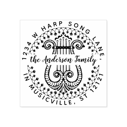 Familienaam Retouradres | Elegante  harp Rubberstempel (Afrduk)