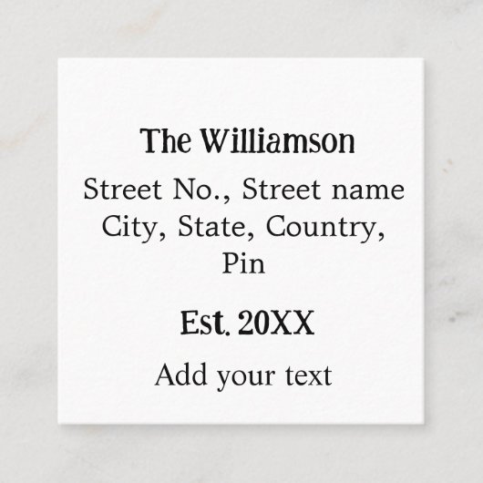 Familienaam Retouradres Naam toevoegen Datum Jaar Vierkante Visitekaartje (Voorkant)