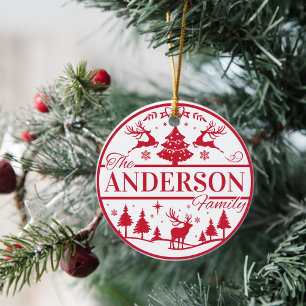 Familienaam Rood en Wit Klassieke Aangepaste Kerst Keramisch Ornament