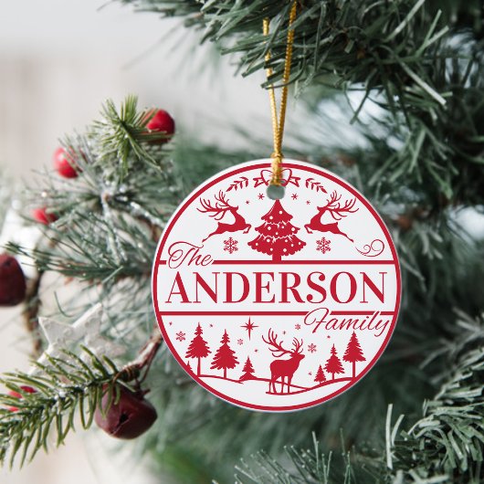 Familienaam Rood en Wit Klassieke Aangepaste Kerst Keramisch Ornament