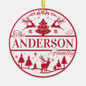 Familienaam Rood en Wit Klassieke Aangepaste Kerst Keramisch Ornament (Voorkant)
