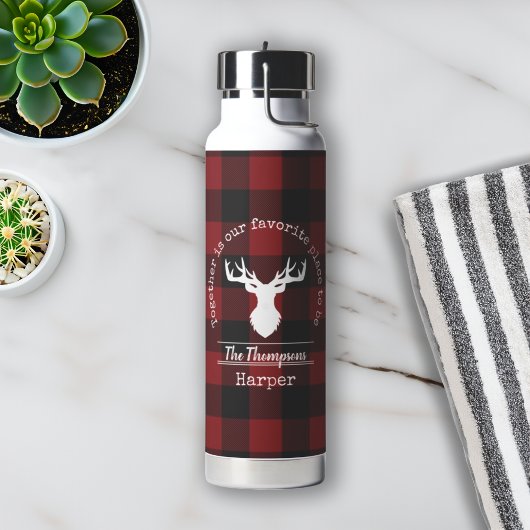 Familienaam Rood en Zwart Buffalo Plaid Waterfles