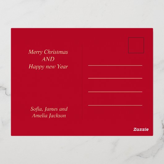 Familienaam Rood & Goud Typografie Kerstmis Folie Feestdagen Briefkaart (Achterkant)