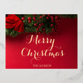 Familienaam Rood & Goud Typografie Kerstmis Folie Feestdagen Briefkaart (Voorkant)