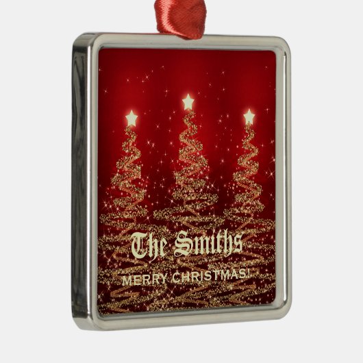 Familienaam Rood met kerstbomen Metalen Ornament (Rechts)