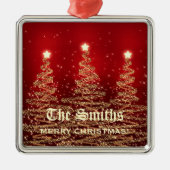 Familienaam Rood met kerstbomen Metalen Ornament (Voorkant)
