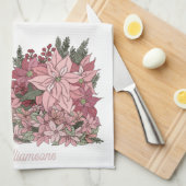 Familienaam Roze bloemen en konijnenkerstmis Theedoek (Quarter Fold)