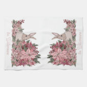Familienaam Roze bloemen en konijnenkerstmis Theedoek (Horizontaal)