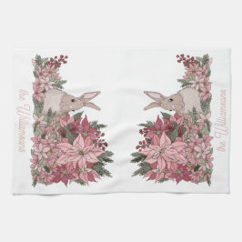 Familienaam Roze bloemen en konijnenkerstmis Theedoek