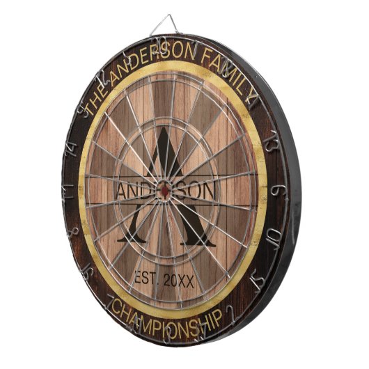 Familienaam Rustic Farmhouse Wood monogrammed Gold Dartbord (Voorkant Rechts)