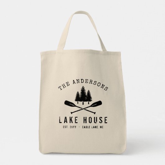 Familienaam Rustic Lake House Boat Oars Trees Tote Bag (Achterkant)