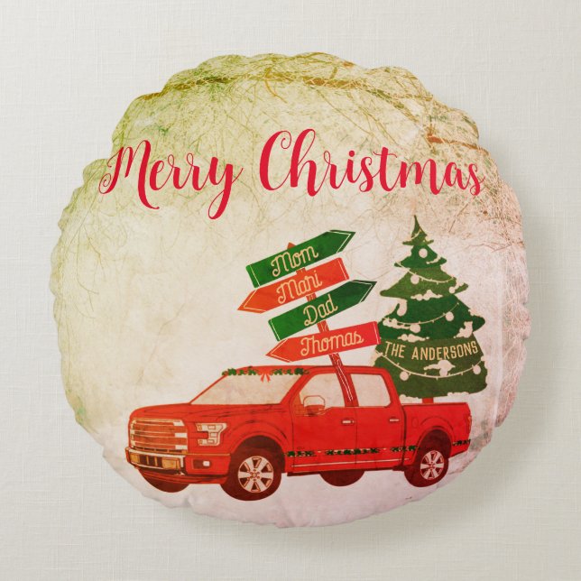 Familienaam Rustic  Red Truck Christmas Rond Kussen (Voorkant)