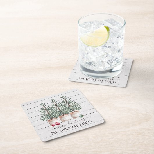 Familienaam Rustic Wood kerstbomen Kartonnen Onderzetters (Insitu)