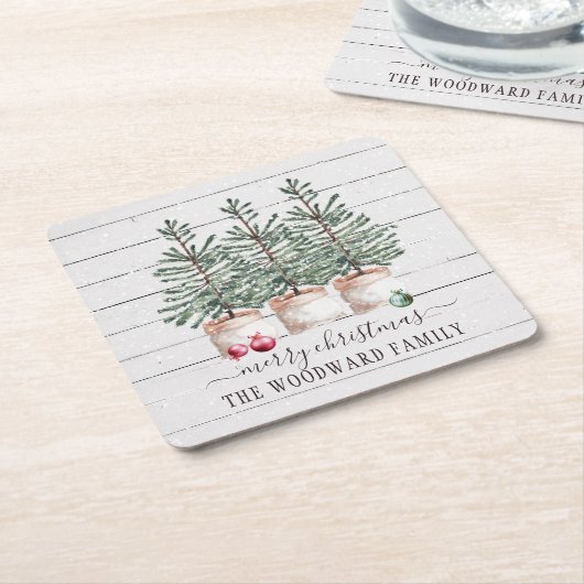 Familienaam Rustic Wood kerstbomen Kartonnen Onderzetters (Schuin)