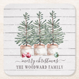 Familienaam Rustic Wood kerstbomen Kartonnen Onderzetters