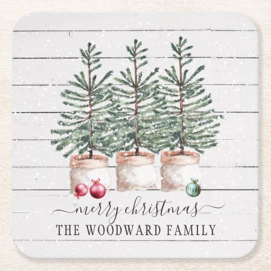 Familienaam Rustic Wood kerstbomen Kartonnen Onderzetters (Voorkant)