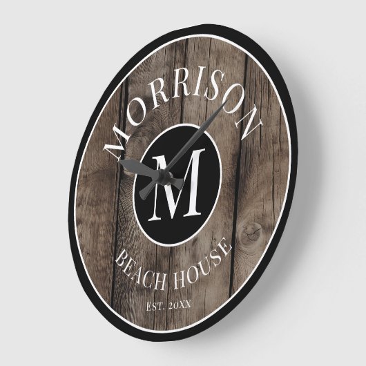 Familienaam Rustic Wood Monogram Grote Klok (Hoek)