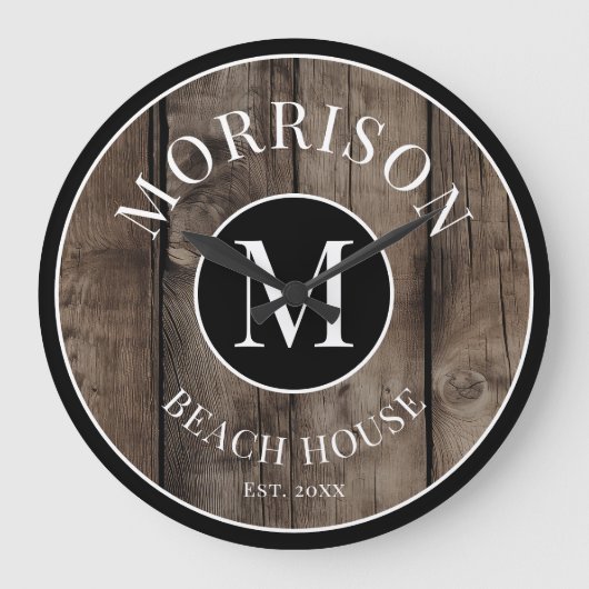 Familienaam Rustic Wood Monogram Grote Klok (Voorkant)