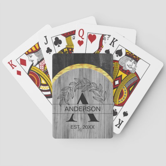 Familienaam Rustiek Grijs Houten Monogram Goud Pokerkaarten (Achterkant)