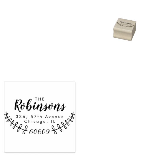 Familienaam Rustiek Script & bladeren Retouradres Rubberstempel (Gestempeld)
