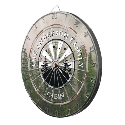 Familienaam Rustieke Cabine Mistig Bos Dartbord (Voorkant Rechts)