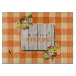Familienaam rustig wood oranje gingham snijplank