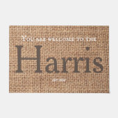 Familienaam rustige, stijlvolle tekst burlap decor deurmat (Voorkant)