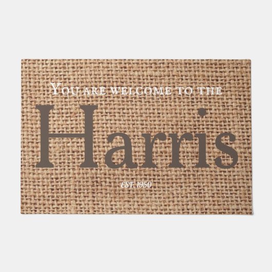 Familienaam rustige, stijlvolle tekst burlap decor deurmat (Voorkant)