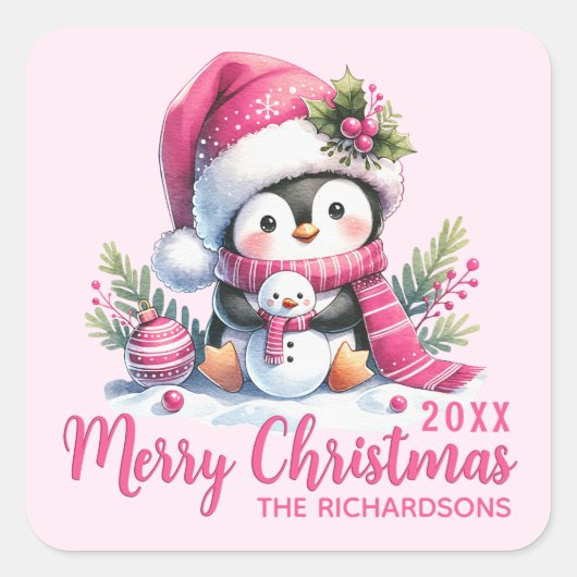 Familienaam Schattigee Pinguïn Roze Vrolijk Kerstf Vierkante Sticker (Voorkant)