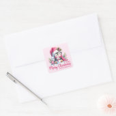 Familienaam Schattigee Pinguïn Roze Vrolijk Kerstf Vierkante Sticker (Envelop)
