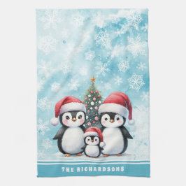 Familienaam Schattigee Pinguïns Snowy Blue Christm Theedoek