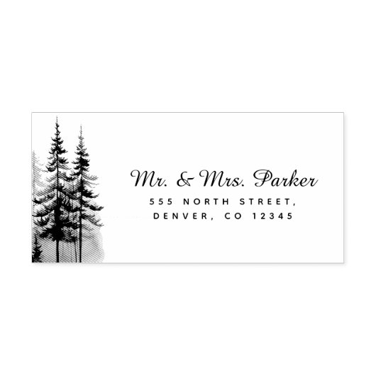 Familienaam script dennenbomen retouradres zelfinktende stempel (Design)