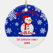 familienaam sneeuwman keramisch ornament (Achterkant)