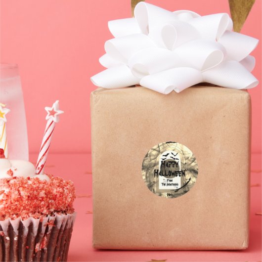 Familienaam Spooky Bat Spider Web Happy Halloween Ronde Sticker (Feest)