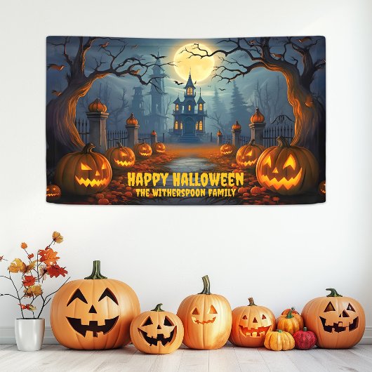 Familienaam Spooky Happy Halloween Party Spandoek