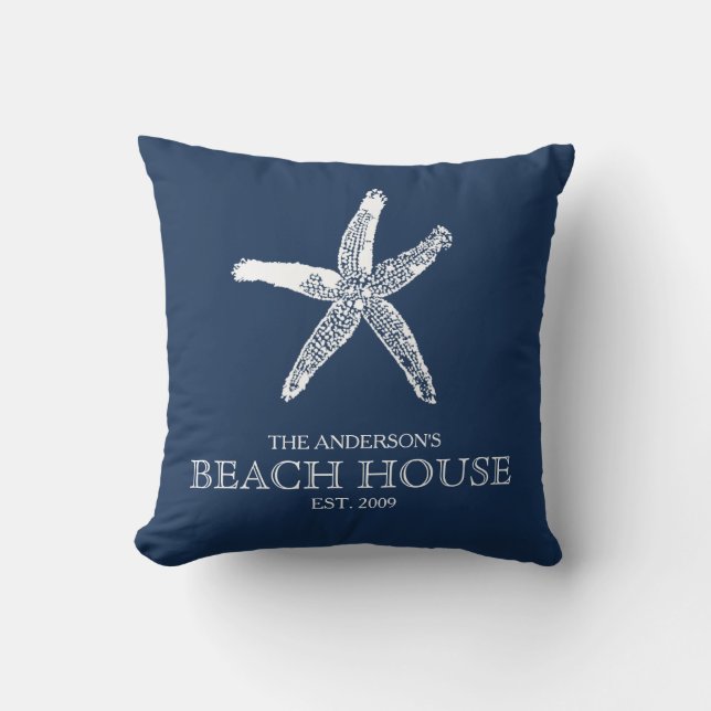 Familienaam Starfish Navy Blue Beach House Kussen (Voorkant)