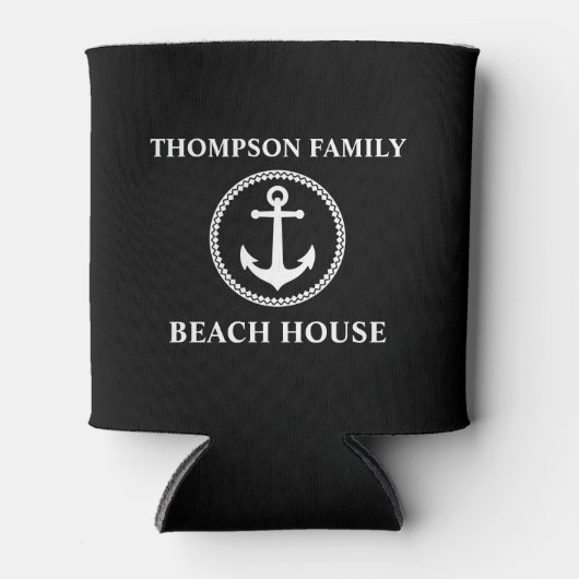 Familienaam Strand Huis Zee Anker zwart wit Blikjeskoeler (Voorkant)