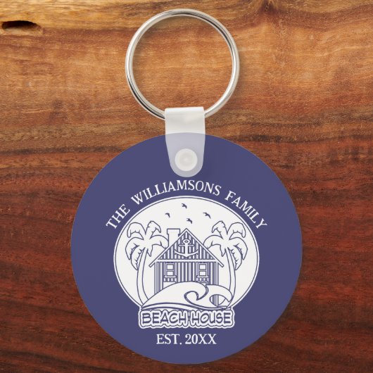 Familienaam Strandhuis Anker Nautisch Blauw Wit Sleutelhanger (Voorkant)