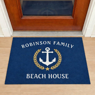 Familienaam Strandhuis Anker Navy Goud Laurier Deurmat