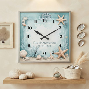 Familienaam Strandhuis Kustkunst Zeester Decoratie Vierkante Klok