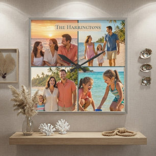 Familienaam Strandhuis Kustsfeer Fotocollage Vierkante Klok