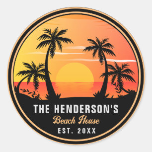 Familienaam Strandhuis Retro Sunset Souvenirs 60s Ronde Sticker