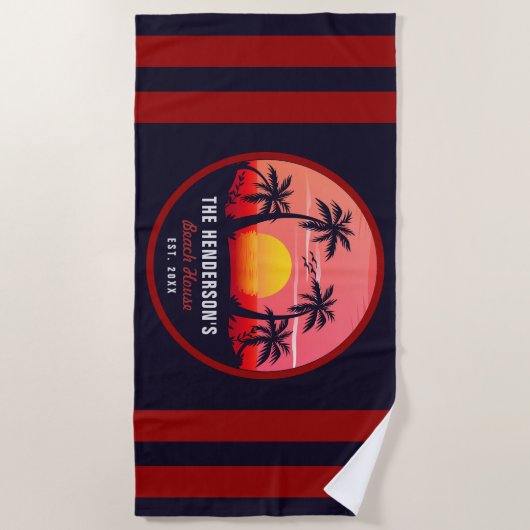 Familienaam Strandhuis Retro Sunset Souvenirs 60s Strandlaken (Voorkant)