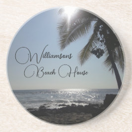 Familienaam Sun verlicht Palm Tree Ocean Zandsteen Onderzetter