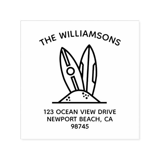 Familienaam Surf Board Return Address Zelfinktende Stempel (Design)