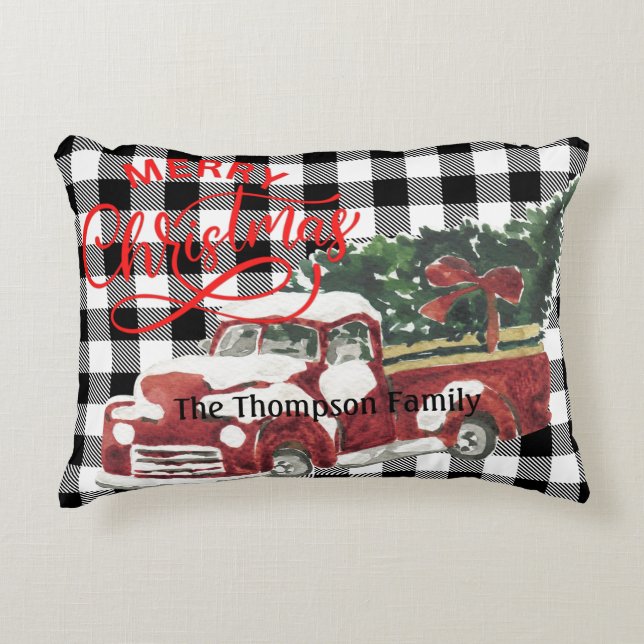 Familienaam traditionele buffalo plaid red truck accent kussen (Voorkant)