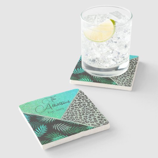 Familienaam Tropical Fern Leopard Glitter Stenen Onderzetter (Zijkant)